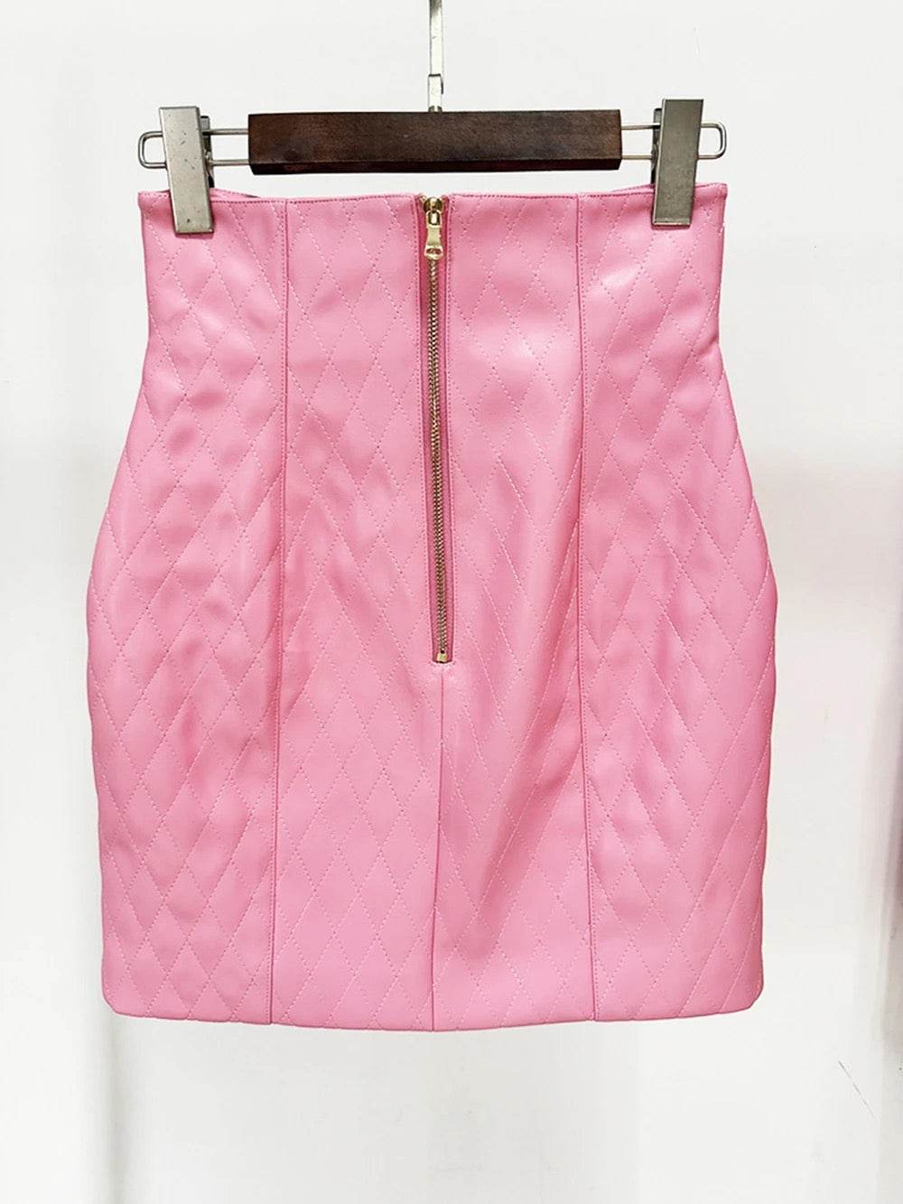 Pink Diamond Quilted Short Leather Jacket Leather Mini Skirt set - REBECATHELABEL