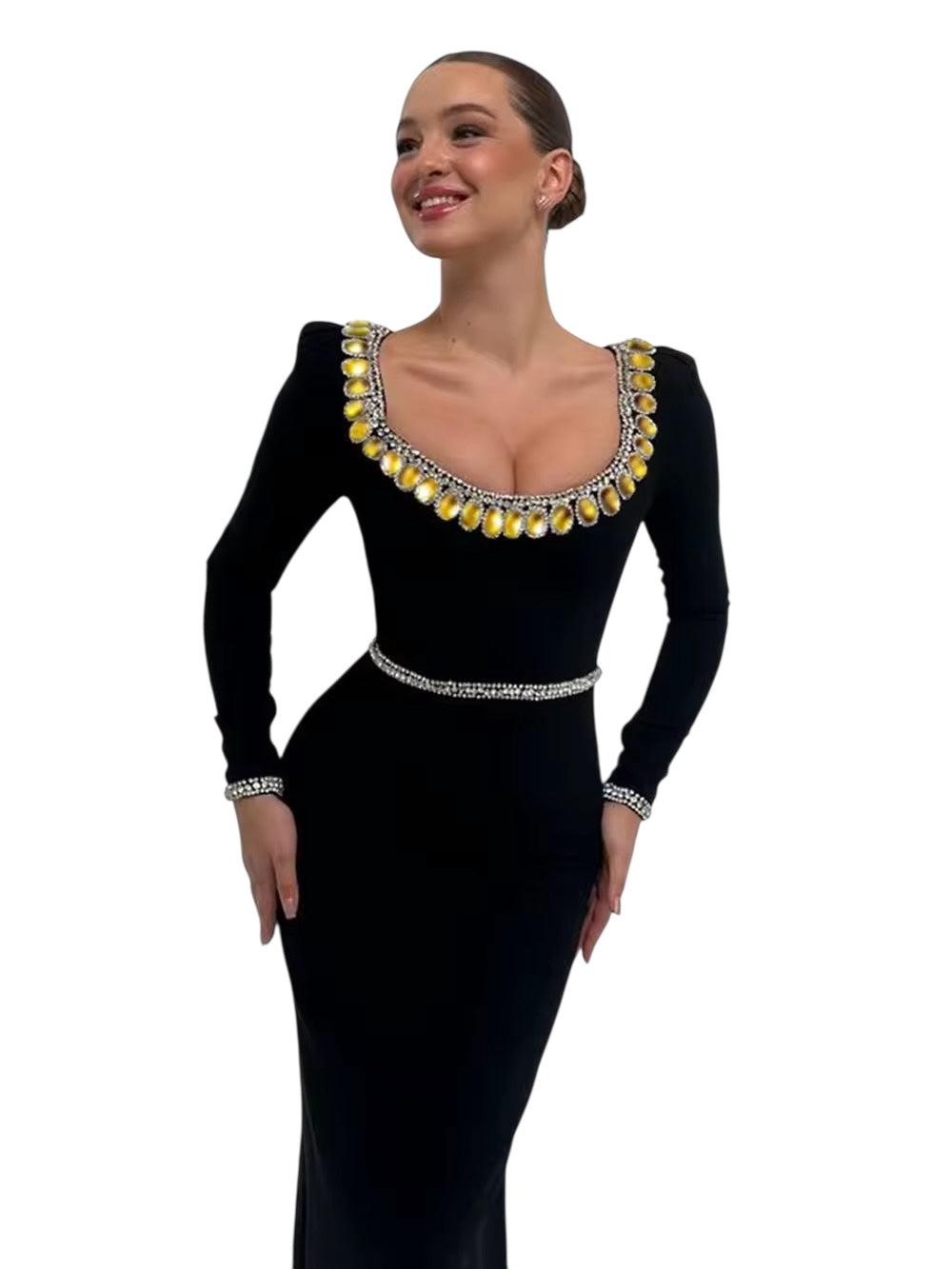 Diamond Tight Long Sleeve Square Neck Long Bandage Dress