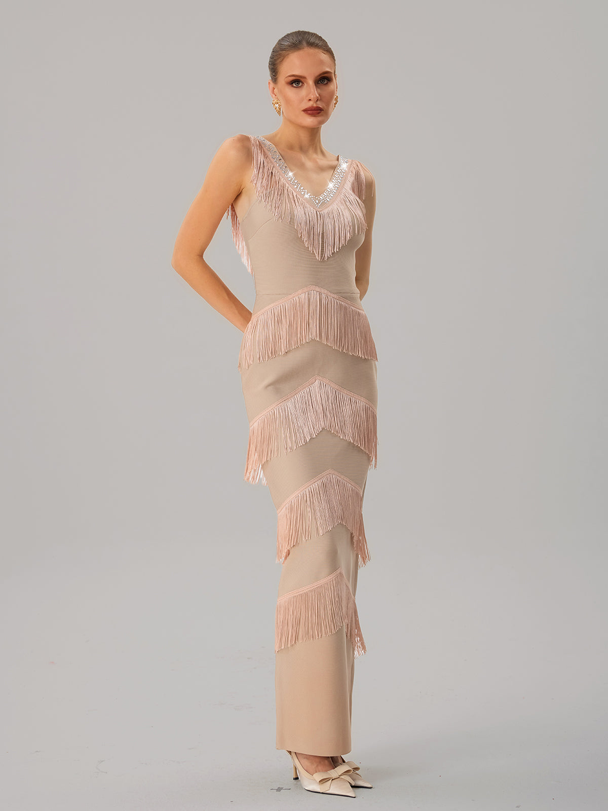 Neck Fringe Split Bandage Maxi Dress
