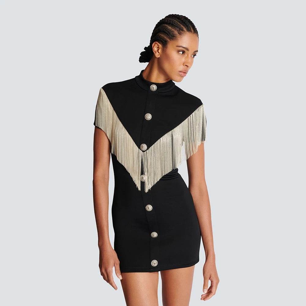 Sleeve Sexy Tassel Button Tight Mini Bandage Party Dress - REBECATHELABEL