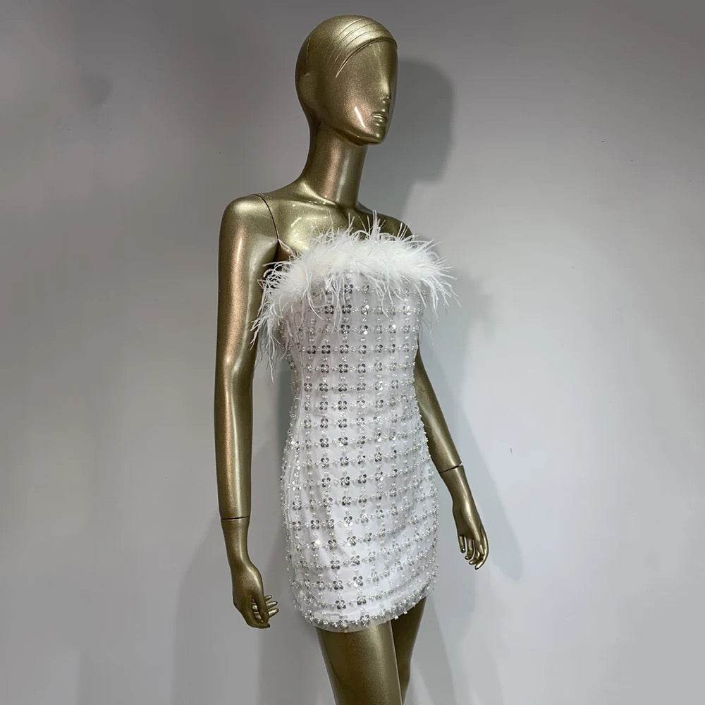 White Strapless Feather Sequins Tight Fit Mini Dress - REBECATHELABEL