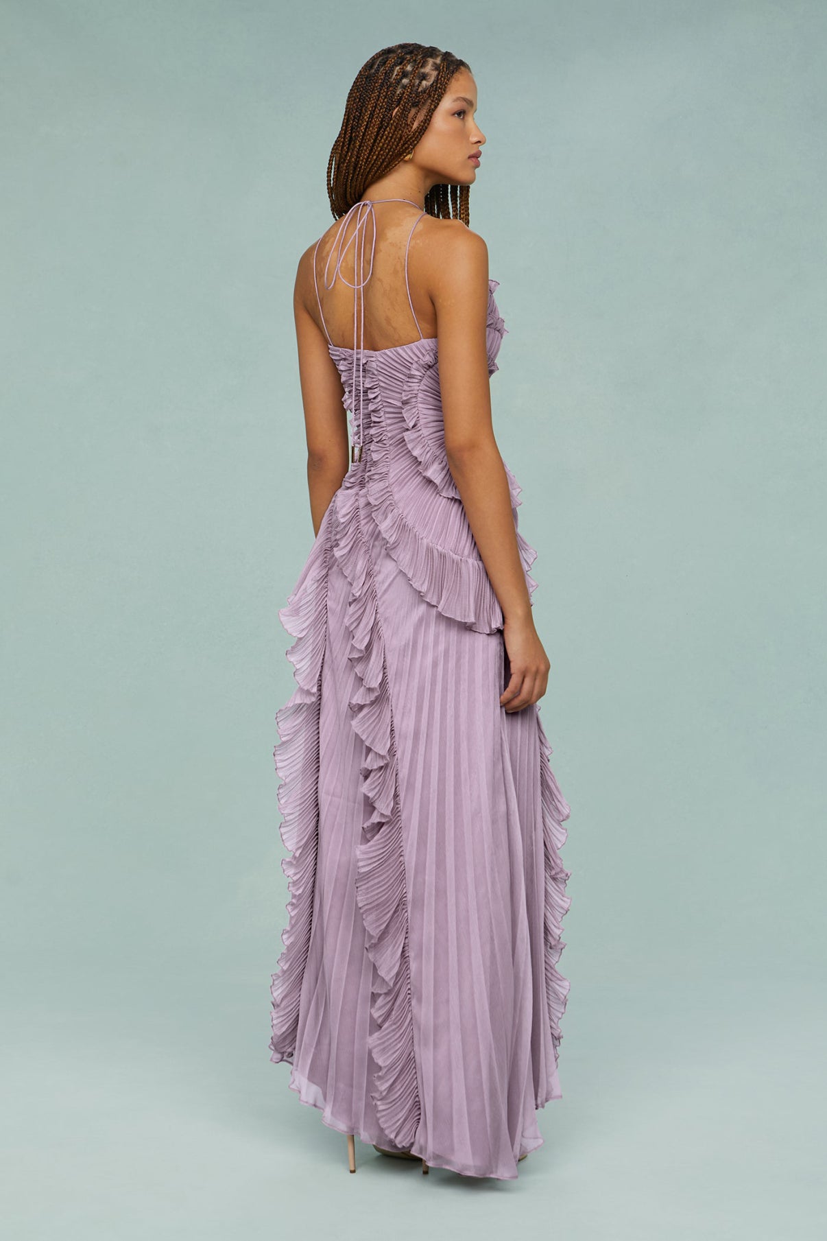 Pleated Frill Halter Neck Midi Dress