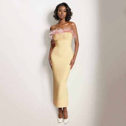 Shoulderless Feather Design Bandage Dress - REBECATHELABEL