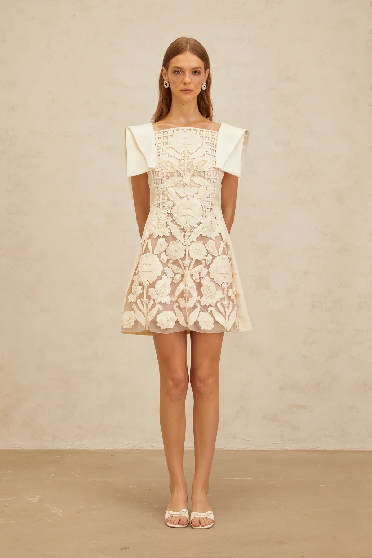 White Floral Appliqué Crochet Mini Dress