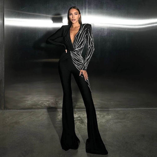 Black Sexy V-neck Diamond Tight Long Horn jumpsuit - REBECATHELABEL