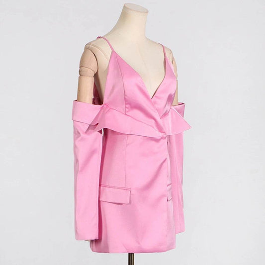 Pink Off the Shoulder Long sleeved Satin blazer - REBECATHELABEL