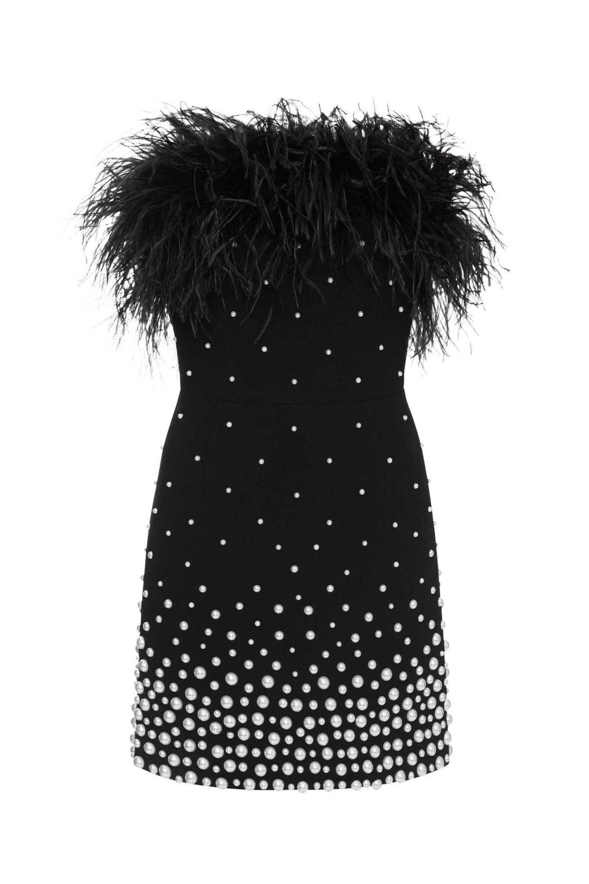 Off-Shoulder Feather Faux Pearl Bandage Mini Dress - REBECATHELABEL