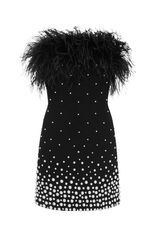 Off-Shoulder Feather Faux Pearl Bandage Mini Dress - REBECATHELABEL