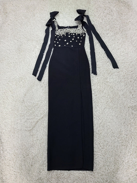 Spaghetti Straps Bow Rhinestones Mini Bandage Dress