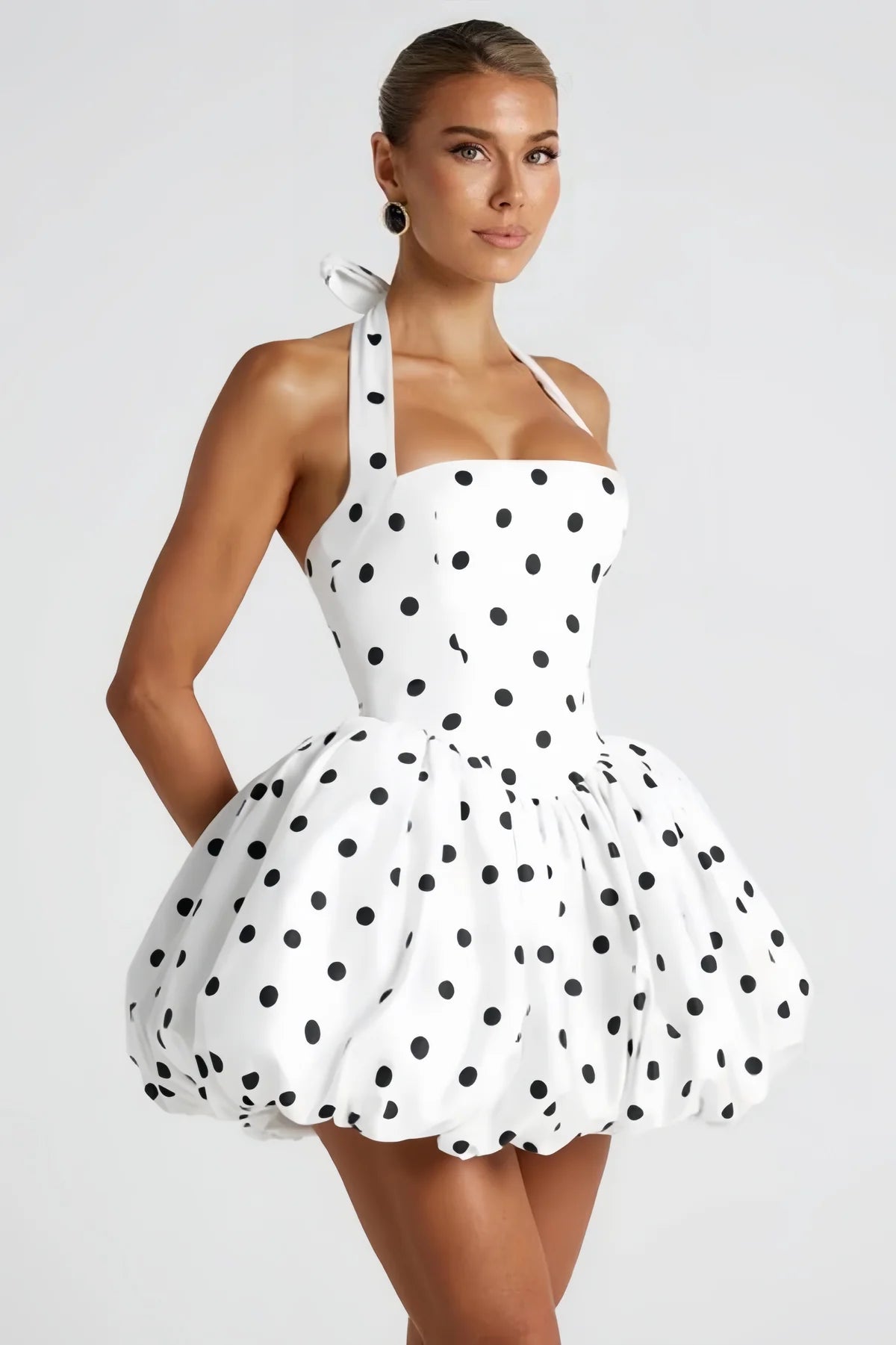 White Polka-dot Shirred Puffball Mini Dress