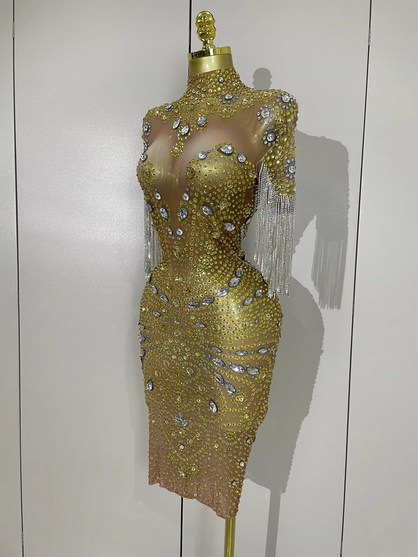 Shining Diamonds Tassel Sexy Mesh See Through Dress