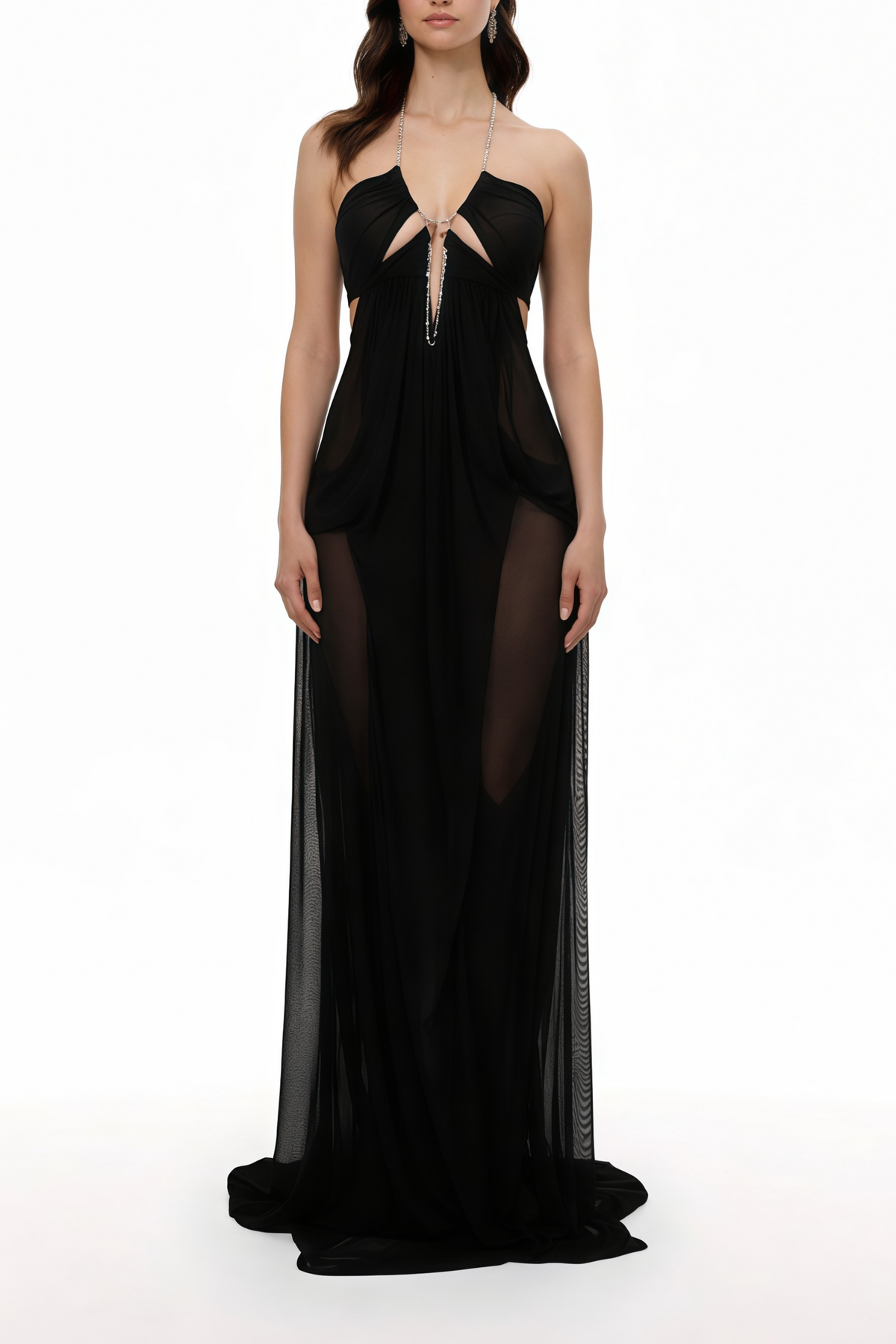 Black Semi-Sheer Mesh Maxi Dress
