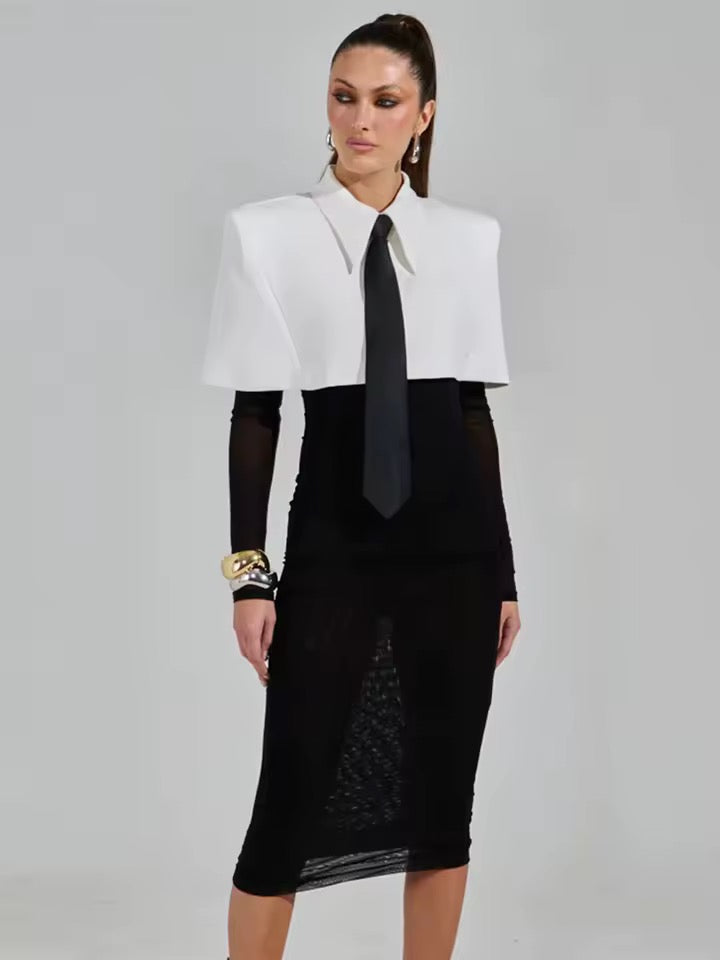 Lapel Slim Midi Shirt Dress Long Sleeved Sexy Mesh set