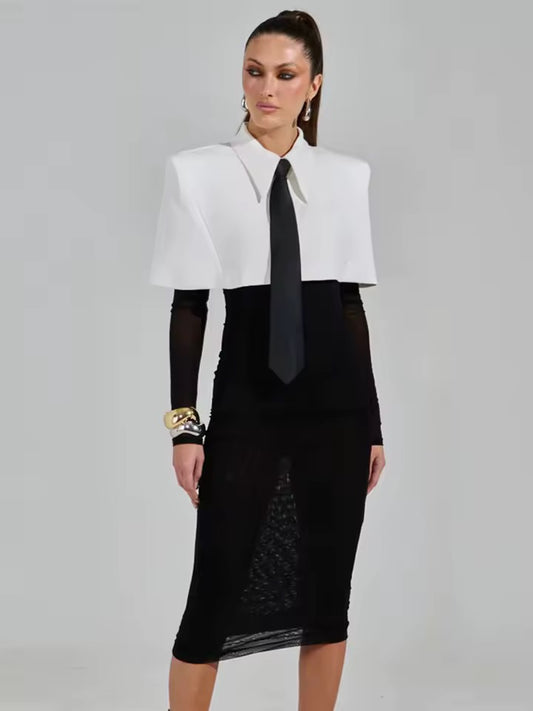 Lapel Slim Midi Shirt Dress Long Sleeved Sexy Mesh set