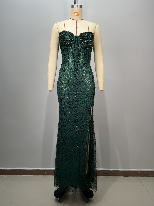 Beading Slim Bag Hip Split Ladies Fashion Party Dress