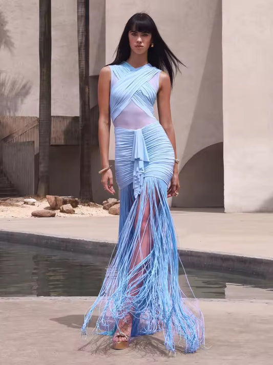 Sky blue Rhythm Fringed Long Maxi Dress