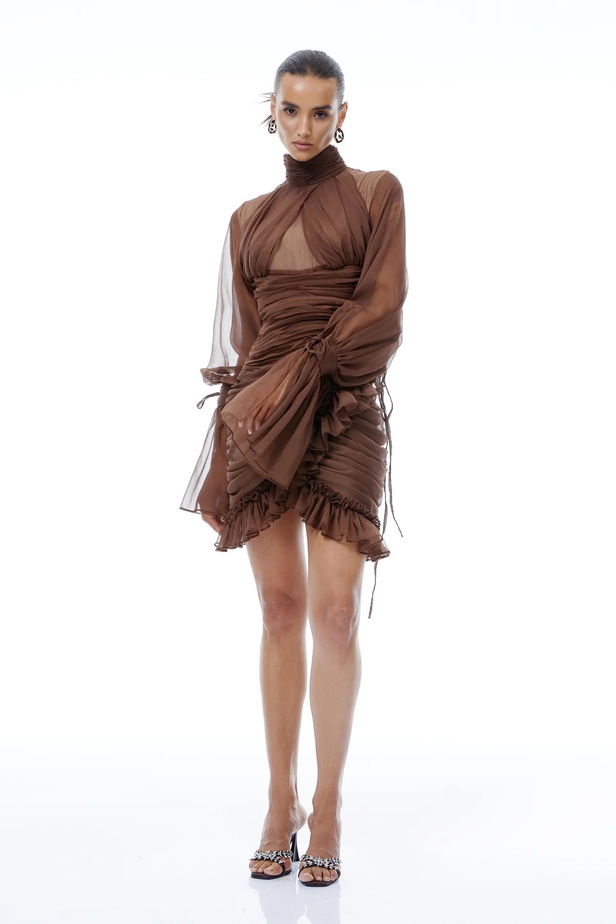 Brown Ruched Tulle Mini Dress