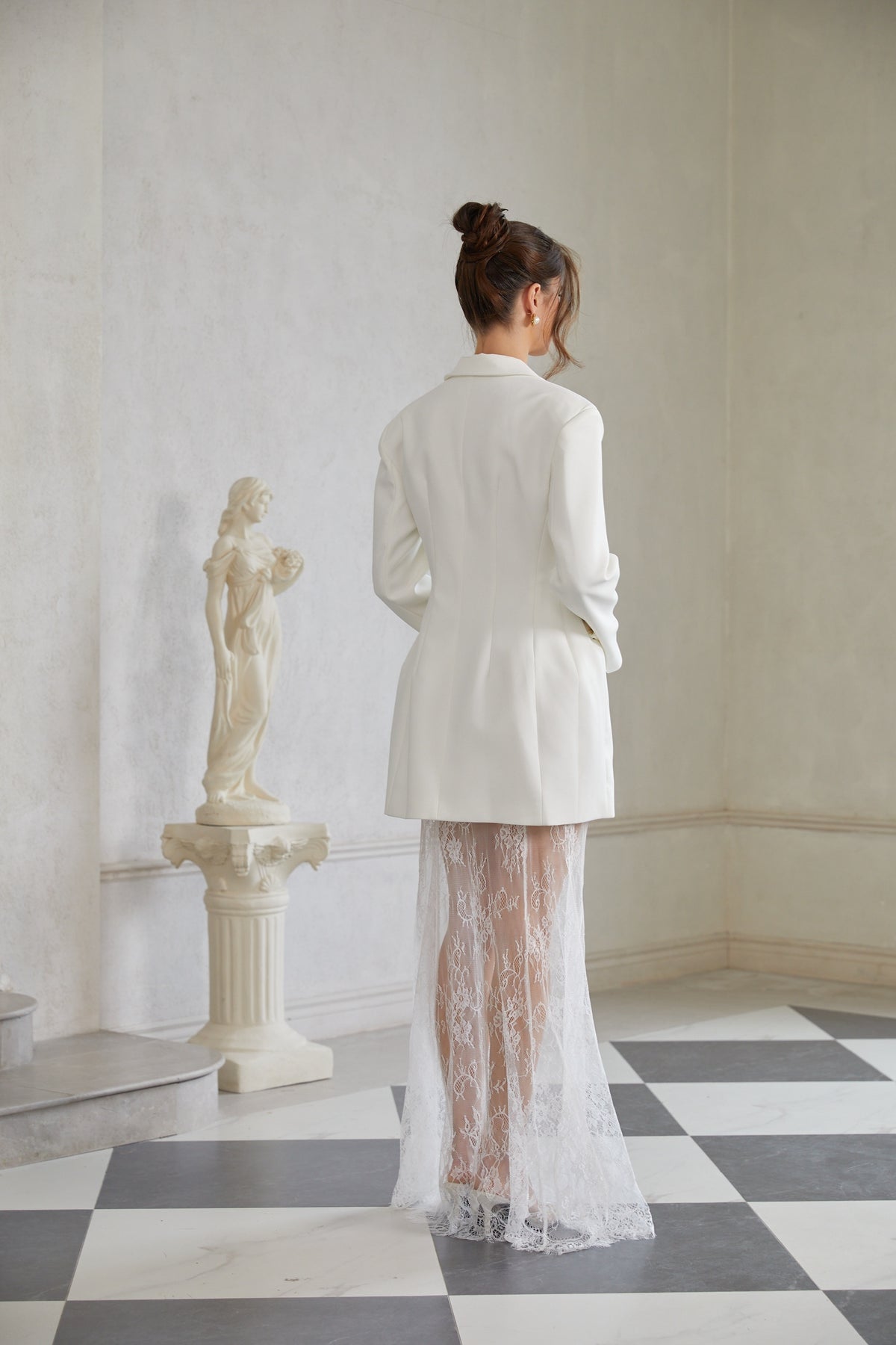 White Blazer & Lace Skirt Set