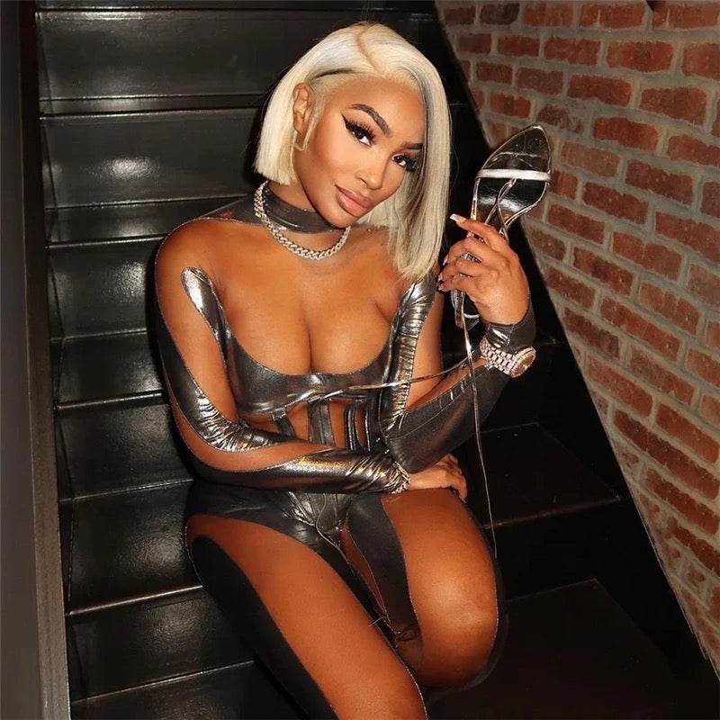 Alien Robot Mesh Hollow Silver Strip Bodysuit jumpsuit - REBECATHELABEL