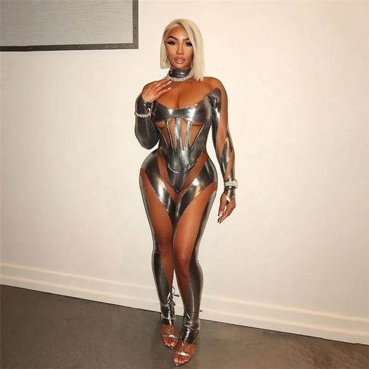 Alien Robot Mesh Hollow Silver Strip Bodysuit jumpsuit - REBECATHELABEL