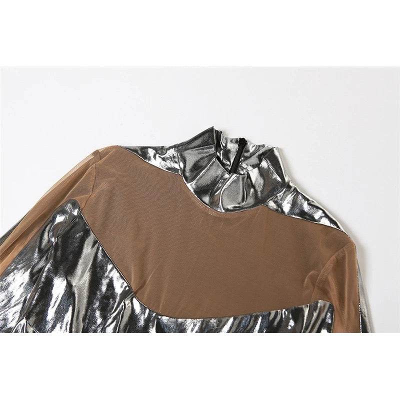 Alien Robot Mesh Hollow Silver Strip Bodysuit jumpsuit - REBECATHELABEL