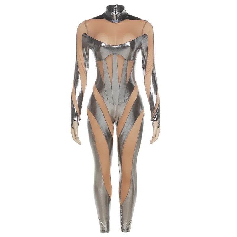 Alien Robot Mesh Hollow Silver Strip Bodysuit jumpsuit - REBECATHELABEL