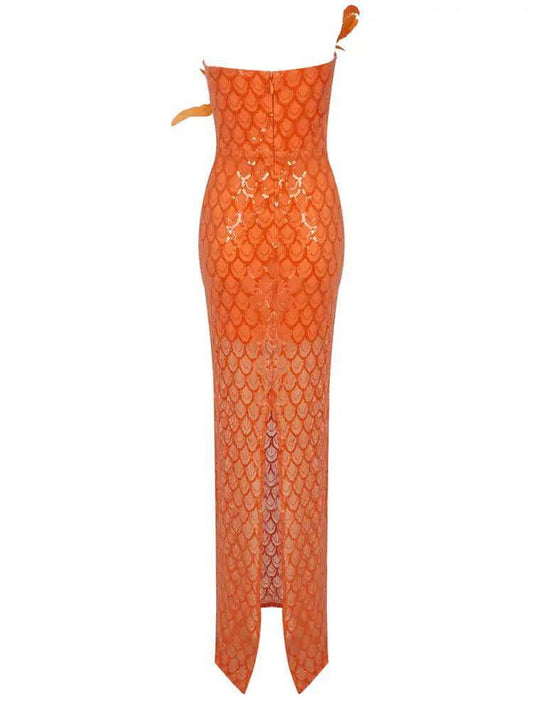 Am in love Maxi Dress With Feathers - REBECATHELABEL