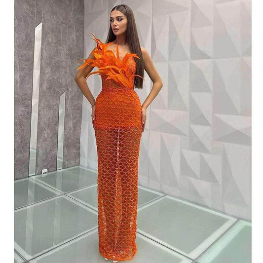 Am in love Maxi Dress With Feathers - REBECATHELABEL