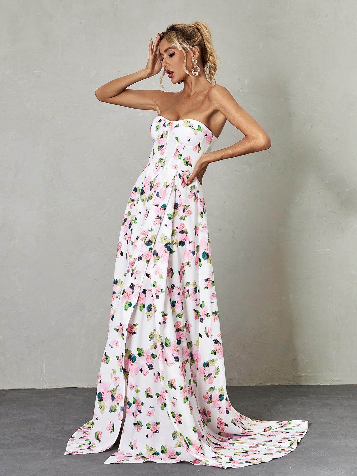 Amanda Strapless Floral Split Maxi Dress - REBECATHELABEL