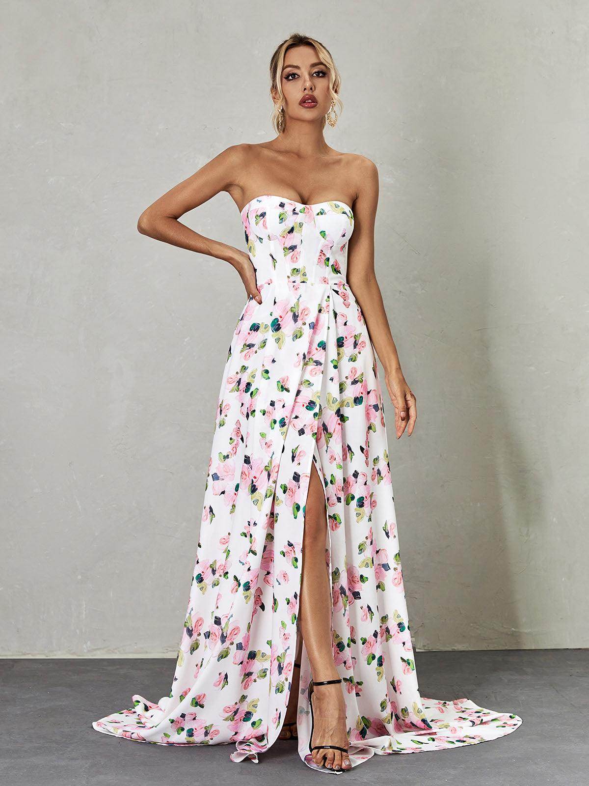 Amanda Strapless Floral Split Maxi Dress - REBECATHELABEL