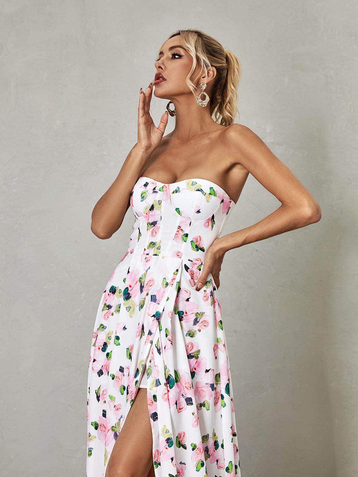 Amanda Strapless Floral Split Maxi Dress - REBECATHELABEL