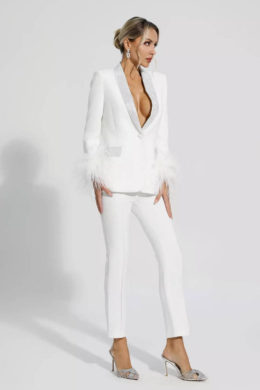 Angel White Feather Trim Diamond Blazer Set - REBECATHELABEL