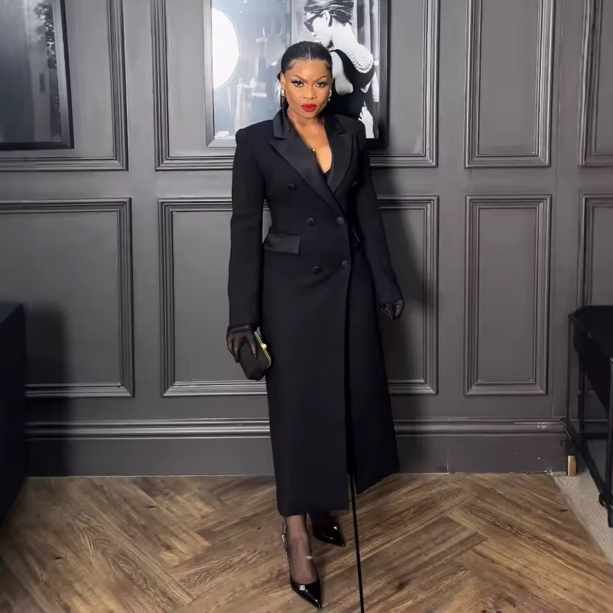 black double-breasted long coat