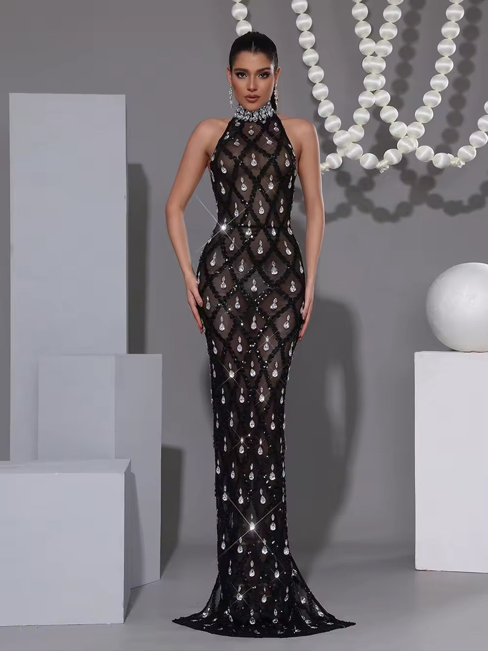Sparkling Crystal Diamond Turtleneck Neck Mesh Bodycon Maxi Dress