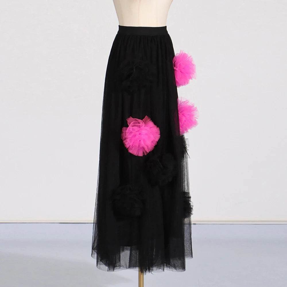 Black Tassel Mesh 3D Flower Sexy Hundred Fold Long Skirt - REBECATHELABEL