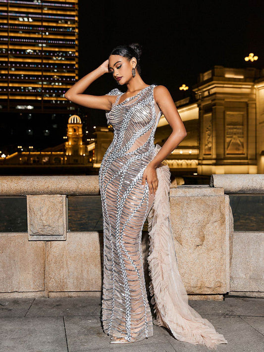 Draped Cutout Sequin Mesh Dress In Silver - REBECATHELABEL