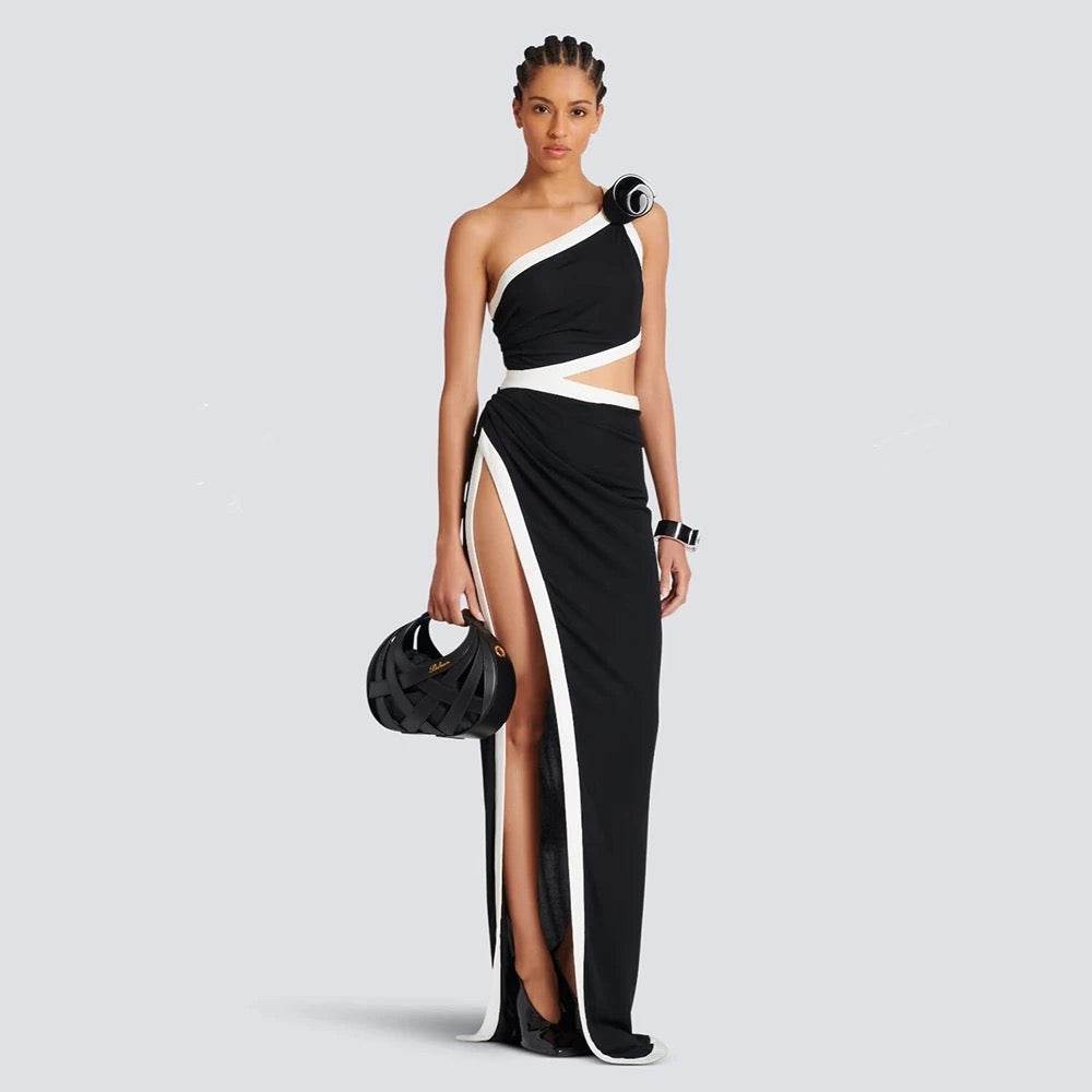 One Shoulder 3D Flower Hollow Asymmetric Split Long Bandage Dress - REBECATHELABEL
