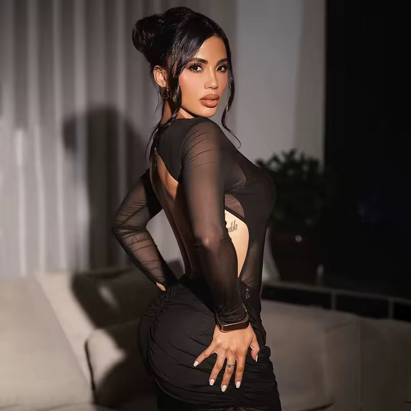 Mesh Ruched Backless Maxi Dress