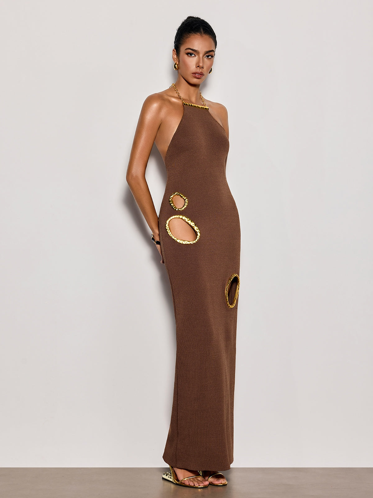 Halterneck Cutout Maxi Dress In Brown