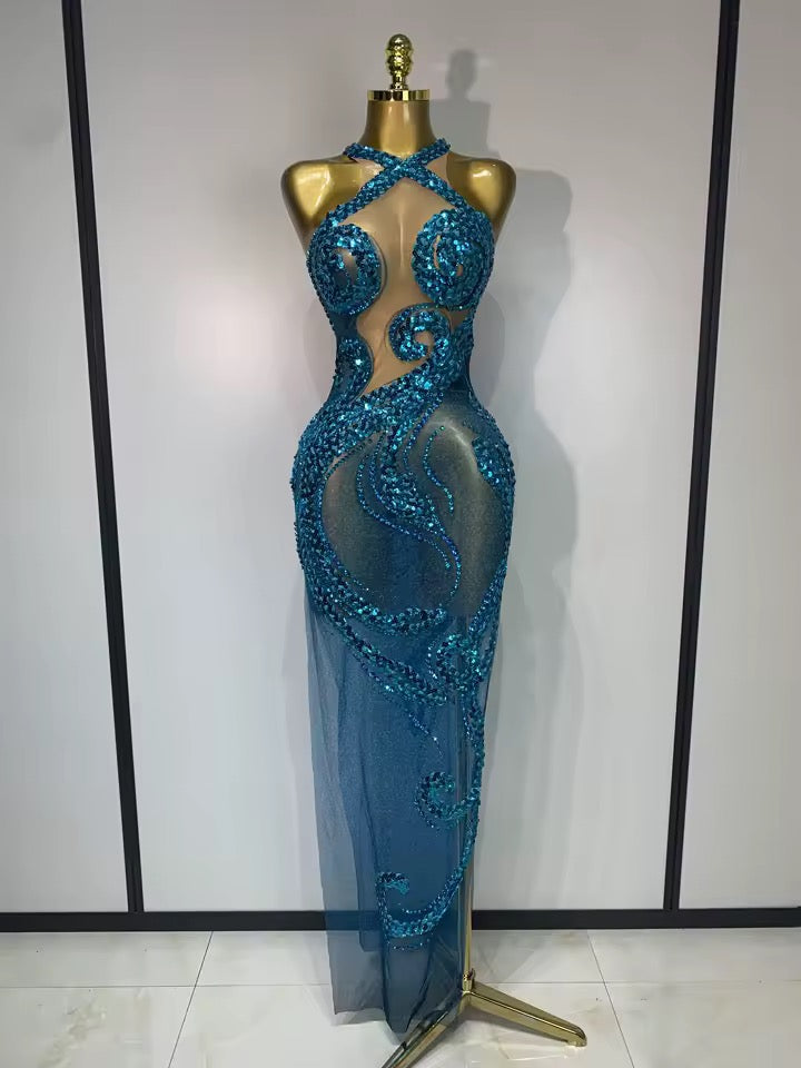 Blue Rhinestones Sequines Mesh Transparent Long Dress