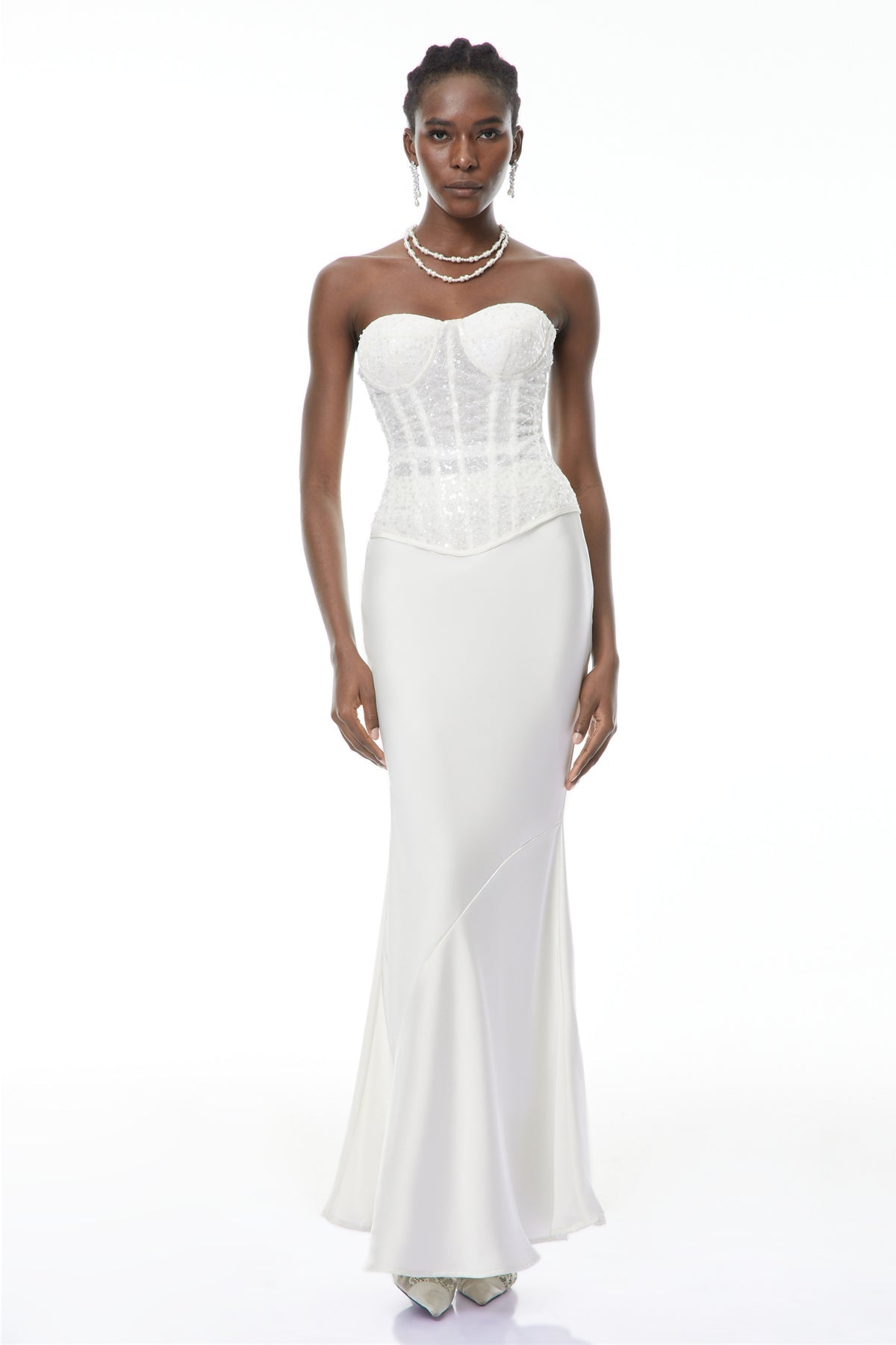 White Sequin Corset Top & Satin Skirt Set