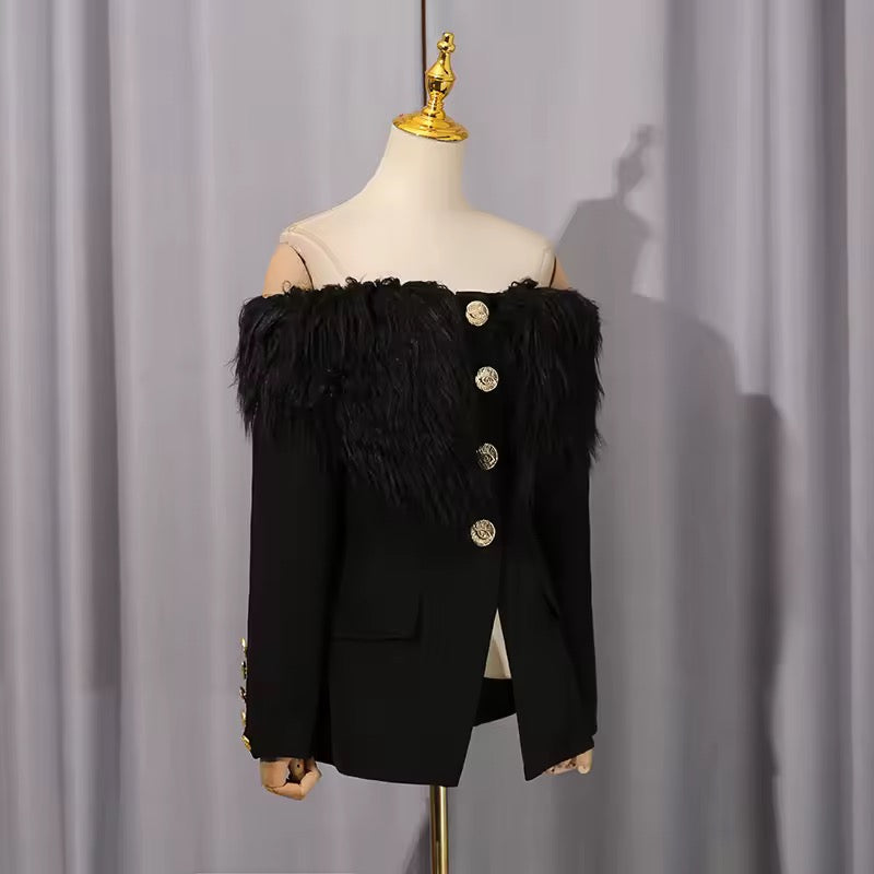 Black Off Shoulder Fur Trim Blazer