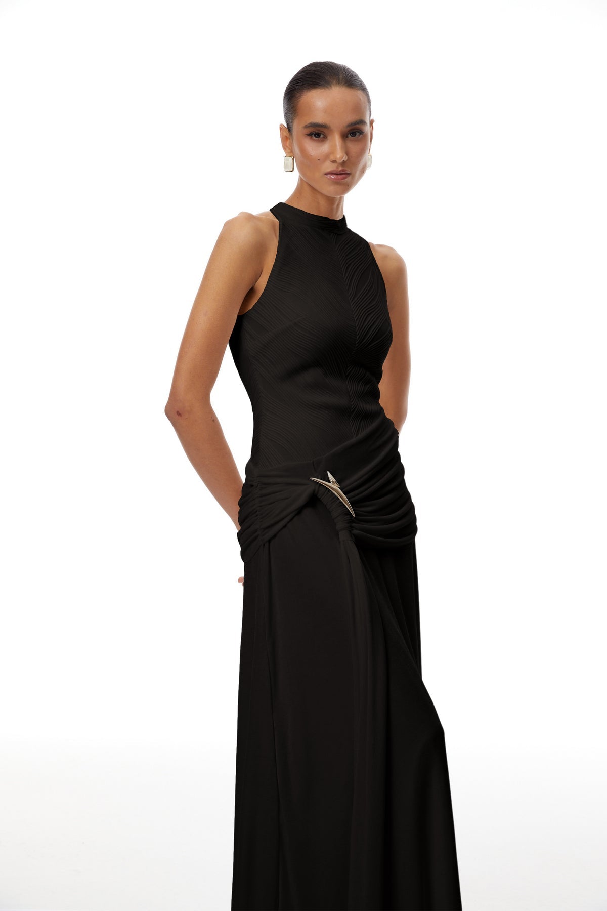 Black Ruched Ribbon Textured Maxi Dress