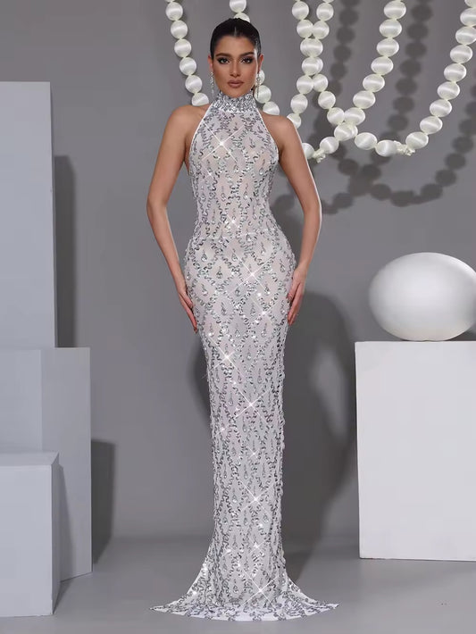 Shining Diamond Sequins Mesh Long Dress Evening Prom Birthday Dress