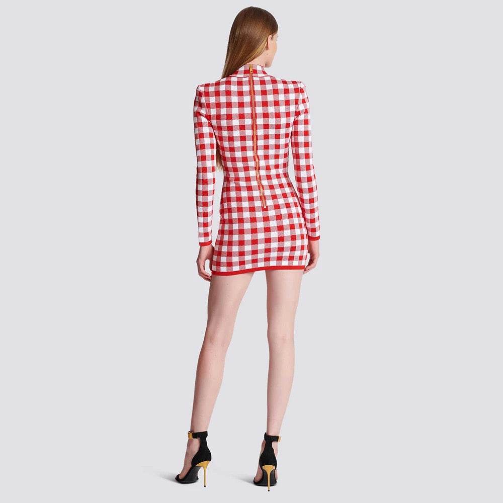 Long Sleeve Button Checkered Jacquard Tight Mini - REBECATHELABEL