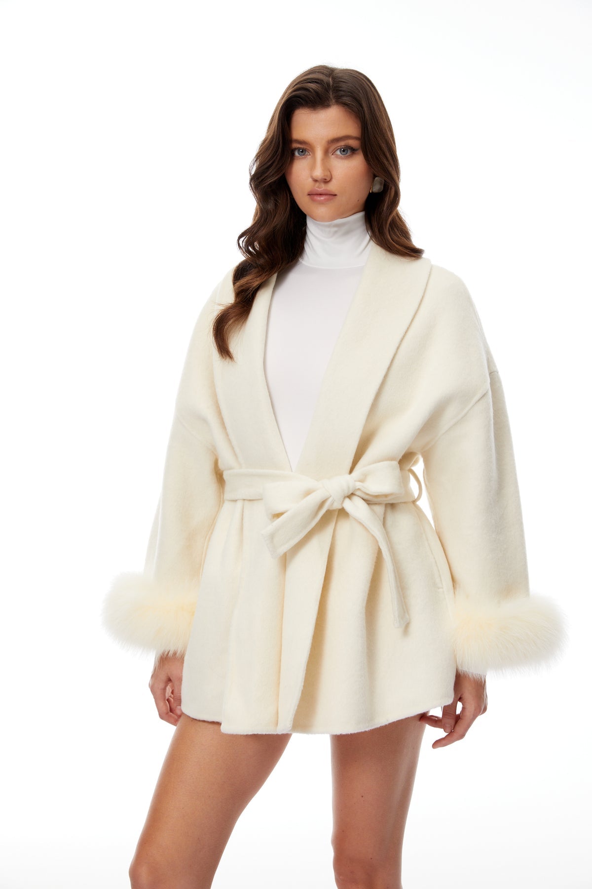 Cream Fur Trim Belted Wool Coat