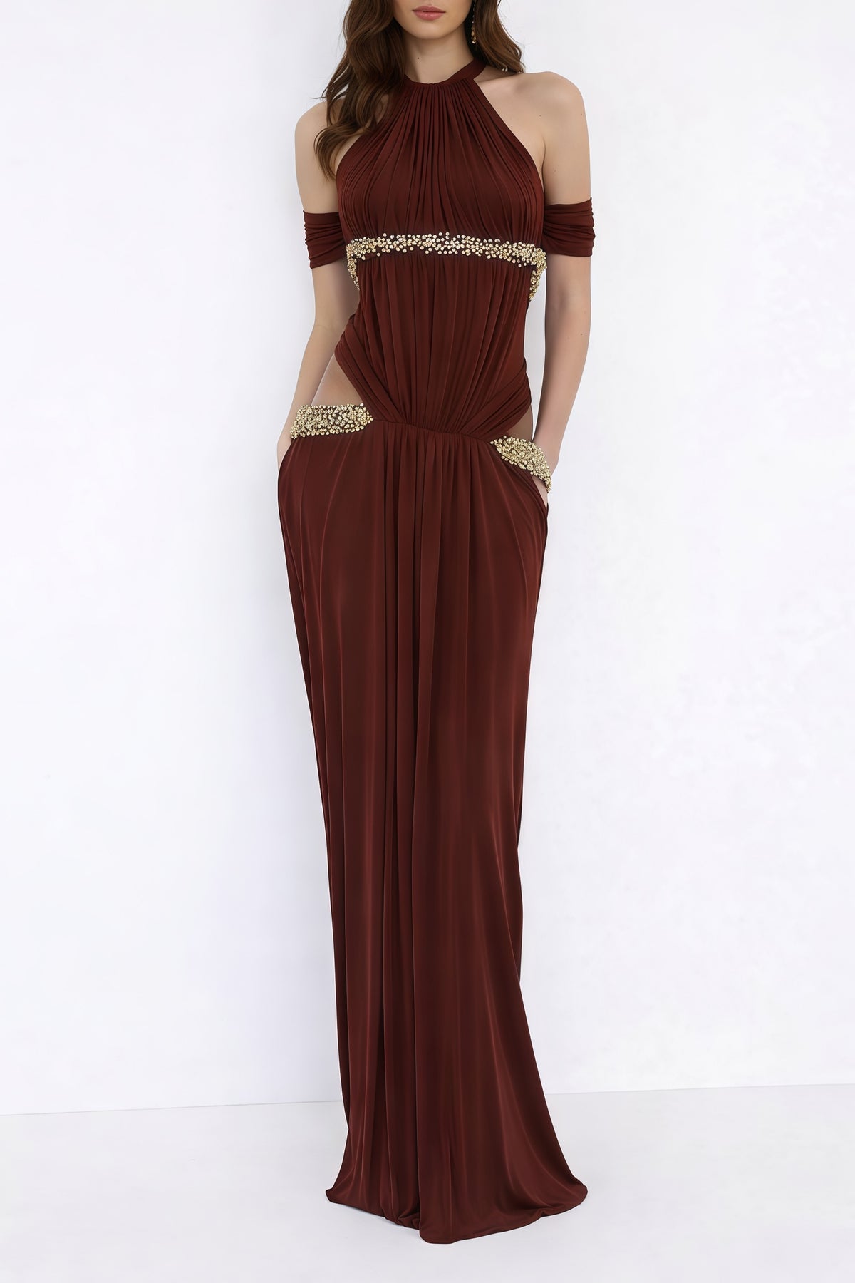 Red Halterneck Crystal Embellished Maxi Dress