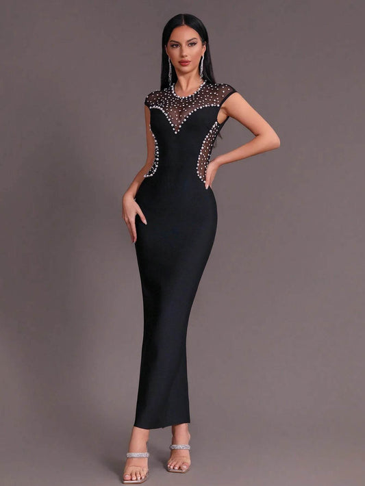 Backless Diamond Pearl Mesh Tight Long Bandage Dress - REBECATHELABEL