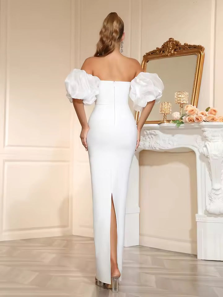 Strapless Diamond Maxi Long Bodycon Bandage Dress With Bubble Sleeves