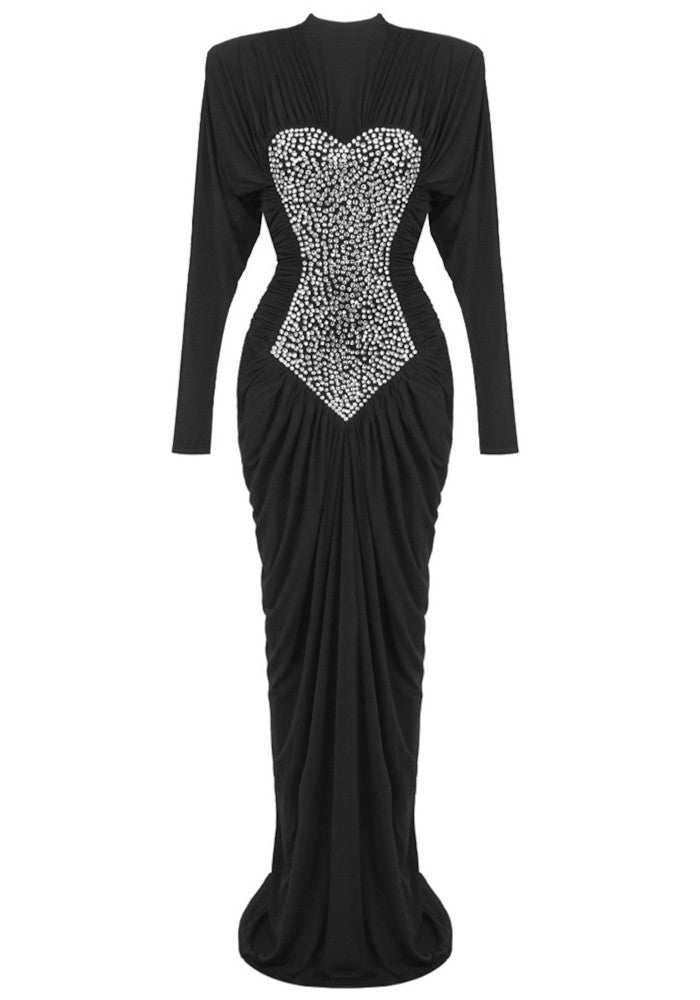 Long Sleeve Crystal Front Draped Maxi Dress Black